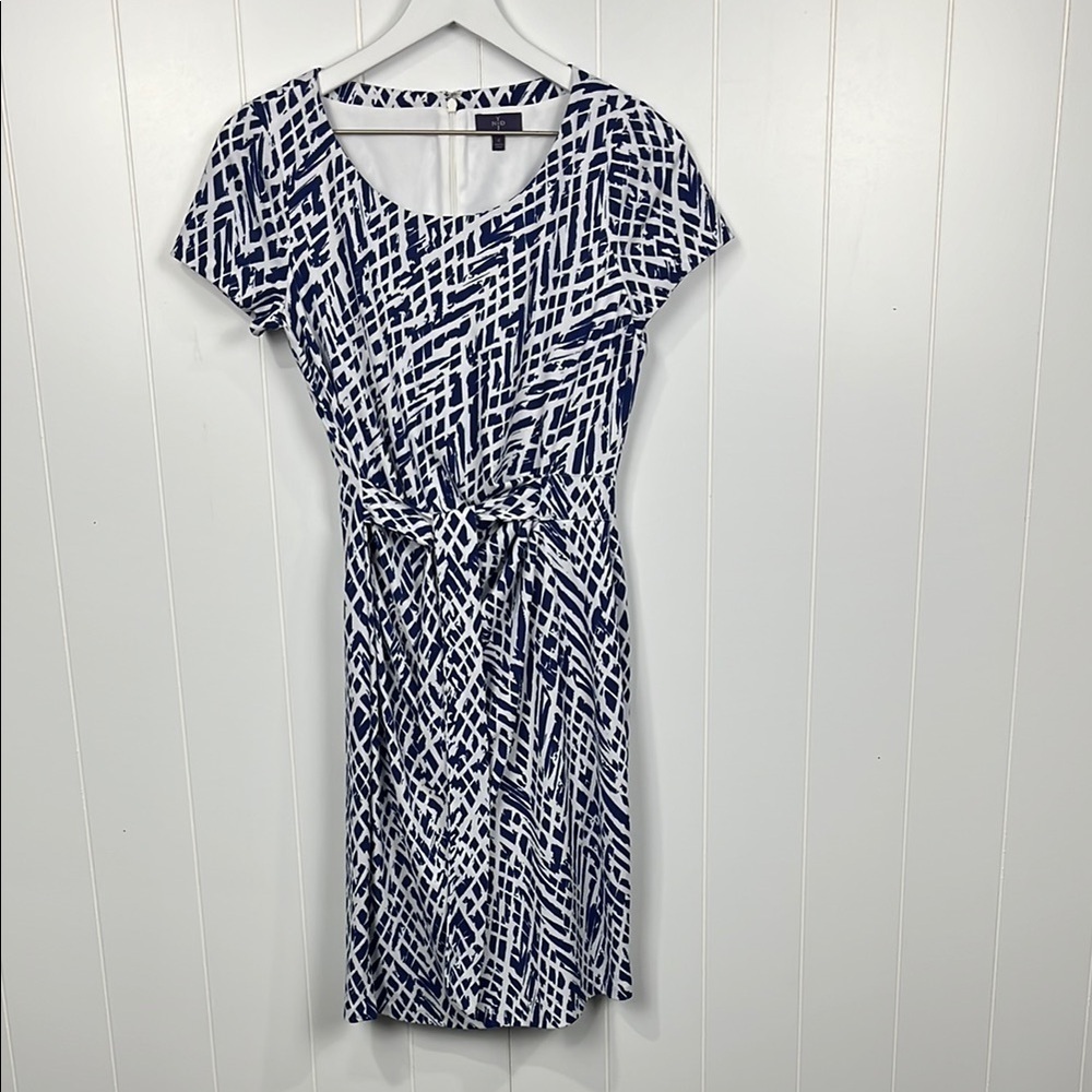 NYDJ Womens Dress 4 Blue White Zip Back Short Sleeves Stretch Side Ruching Belt